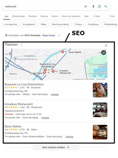 voorbeeld zoekresultaten met het trefwoord restaurant in Google